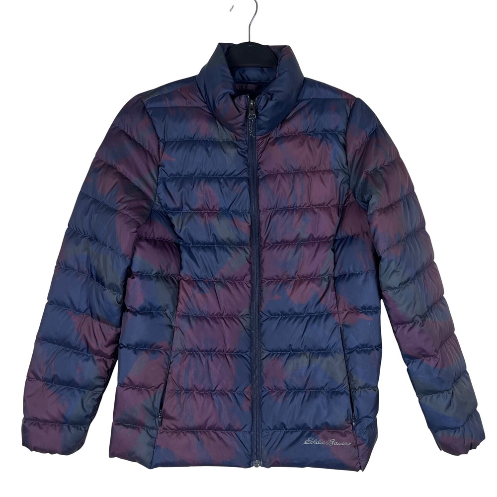 Eddie Bauer EB650 Down Puffer Jacket Womens PS Purple Blue Abstract Camo Zip